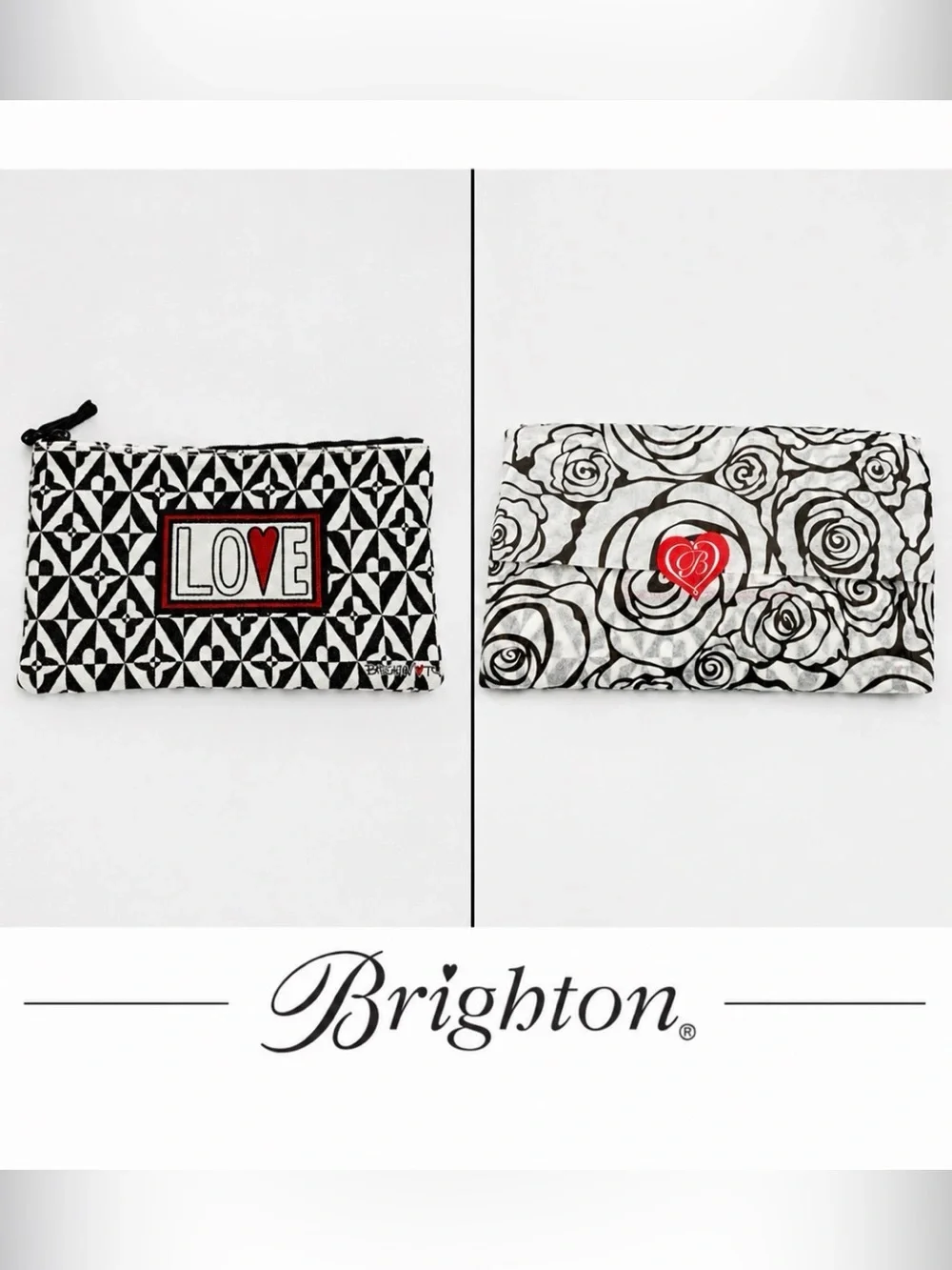 Brighton LOVE Canvas Zipper Pouch Cosmetic Bag Travel Black White Geometric NWOT